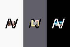 three different logos with the letters a, v and m in black white and yellow