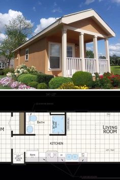 the floor plan for a tiny house with an attached porch and covered verard area