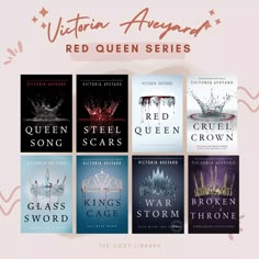 red queen series books are on display in front of a pink background with the title