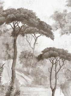 an old painting with trees and bushes in the foreground