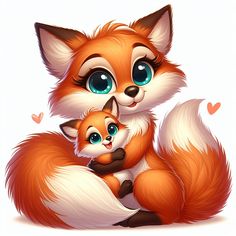 an illustration of a mother fox and her baby cub sitting on top of each other