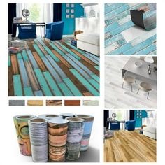 several different types of wood flooring in various colors and sizes, including teal