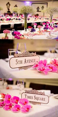 the tables are decorated with flowers and place cards