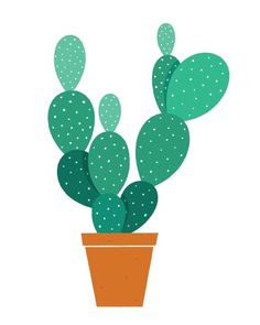 a green cactus in a brown pot with white dots on the top and bottom half