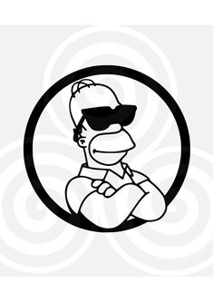 a black and white drawing of a man with sunglasses on his head in a circle