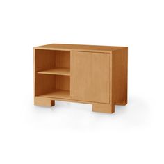 a wooden cabinet with two shelves on one side and an open shelf on the other