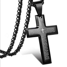 Mens Religious Black 316l Stainless Steel Lightweight Cross Necklace With The Lord’s Prayer Inscribed. Item #878-Black *Packaged For Gift Giving. Black Cross Necklace, Mens Cross Necklace, Cuban Link Chain Necklaces, Collar Chain, Jewelry Men, Steel Cross, Crystal Cross, Jesus Cross, Black Cross