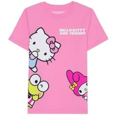 a pink hello kitty and friends t - shirt with an image of two cartoon characters on it