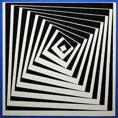 an abstract black and white painting with squares in the shape of rectangles on a blue background