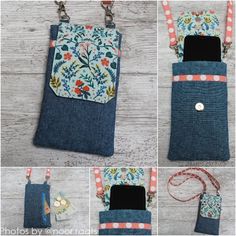 four photos showing how to make a cell phone case with zippers and pockets in denim