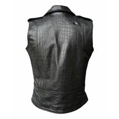 Explore new men's crocodile leather biker vest in black. Genuine leather vest with crocodile print sleeves. Sleeveless waistcoat for bikers. - Free shipping on all our leather vests. - Fully lined in cool satin finished polyester for added comfort and warmth. - Made from crocodile print cow leather. - All accessories are original YKK. - Full-length YKK zip number 10. - 3 zipped pockets. - 1 press-stud front pocket. - Shoulder epaulets. - It takes approximately seven business days to complete each sheep leather vest. - You will receive a similar leather vest shown in the picture. - Once the order is placed, we will message you to confirm the size. Discover the everlasting charm and practicality of the black crocodile print leather biker vest for men, showcasing exceptional craftsmanship and Sleeveless Fitted Leather Biker Jacket, Fitted Sleeveless Leather Biker Jacket, Fitted Sleeveless Biker Jacket For Biker Events, Fitted Sleeveless Biker Jacket For Events, Fitted Moto Vest For Winter, Black Fitted Moto Vest, Fitted Leather Vest For Streetwear, Fitted Winter Motorcycling Vest, Fitted Biker Vest For Biker Events