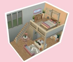 an aerial view of a bedroom and living room in a house with stairs leading up to the second floor