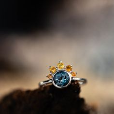 a close up of a ring on top of a rock