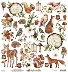 the woodland animals are surrounded by flowers and other things in this illustration, including mushrooms