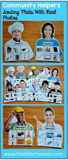 These Community Helpers Sorting Mats w/ Real Photos include 10 unique sorting mats that focus on identifying community helpers and objects associated with them. At an independent workstation, center or language group, students complete the following sorting mats by identifying the community helper and the things associated with him or her. For example the police officer mat includes handcuffs, a police car, a flashlight, a police hat, a police vest, etc. Community Helpers Physical Activities, Community Helper Small Group Activities, Preschool Art Community Helpers, Career Preschool Activities, Preschool Career Day, Police Officer Activities, Community Helper Math Activities, Community Helpers Prek, Professions Activities For Kids