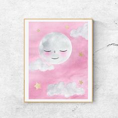 a pink and white painting with clouds, stars and a smiling moon on it's face