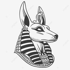 an egyptian mask with the head of anubon in black and white ink on a white