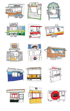 an image of food trucks drawn by hand with colored pencils and ink on paper