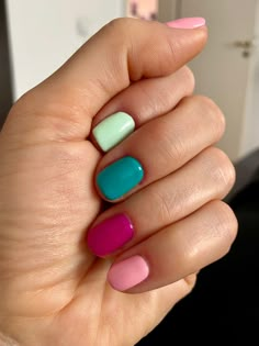 Short Multi Colored Nails, Nail Color Inspo Summer, Short Nails Different Colors, Multi Color Gel Nails, Dip Powder Spring Nails, Every Nail Different Color Shades, Skittle Nails Color Combos, Shorties Nails Color, Three Color Nail Combinations