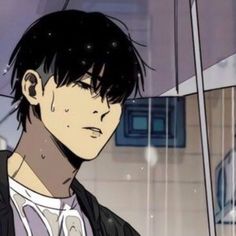 an anime character with black hair and white shirt holding an umbrella in front of him