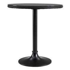 a black table with a round base and an oval design on the top, in front of a white background