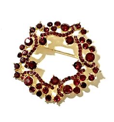 Vintage Red Rhinestone Brooch Floral Wreath Pin Christmas 2"