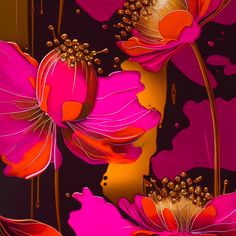 pink and orange flowers with yellow centers on black background, digital art print by artist anana