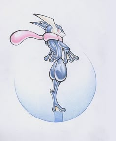 a drawing of a rabbit standing in front of a blue and pink ball with its tail extended