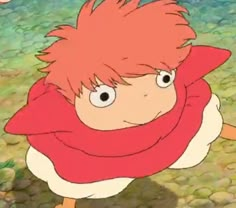 an anime character with red hair and big eyes is walking in the grass, wearing a scarf around his neck