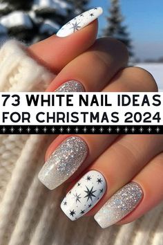 Embrace the season with these 73 white Christmas nail ideas! From frosty glitter to elegant snowflakes, find the perfect wintery design to elevate your holiday style. ❄🤍 Winter Nailart 2024, Winter White And Silver Nails, White Black Glitter Nails, Christmas And New Year Nail Ideas, Winter Nails For January, Simple White Christmas Nails Short, Gray Black White Nails, Nail Designs For Christmas Winter, Christmas Nail Glitter