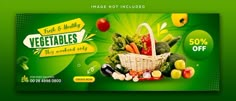 a green banner with an image of vegetables and fruits in the basket on top of it