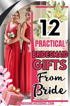 two bridesmaids in red dresses standing next to each other with flowers and gifts