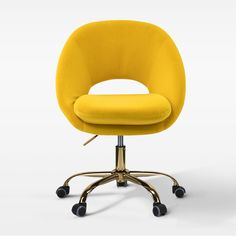 a yellow office chair with wheels and casteors