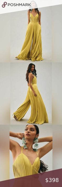 Ieena for Mac Duggal Pleated Satin Wide Leg Jumpsuit Chartreuse  Size 2 Mac Duggal, Long Torso, Yellow Fashion, High Standards, Wide Leg Jumpsuit, Family Business, Evening Wear, Wide Leg