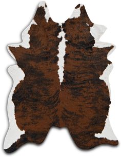 two brown and white cowhide rugs on a white background, one is shaped like an elephant's tail