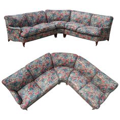 an image of a sectional couch and chair with floral upholstered fabric on it