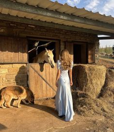 a woman standing in front of a barn with a horse and pig on the farm