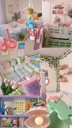 a collage of photos with pink, green and white furniture in the middle one has a baby's crib next to it