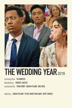 the wedding year movie poster with two men in suits and one woman sticking her tongue out