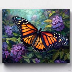 an orange and black butterfly sitting on top of purple lilas with green leaves around it