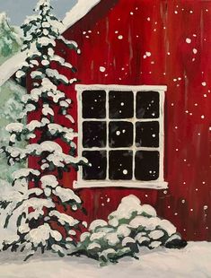 a painting of a red barn in the snow