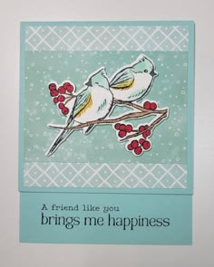 a card with two birds sitting on a branch and the words, friend like you brings me happiness