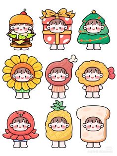 cartoon character stickers with different types of food