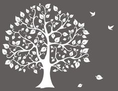 a white tree with leaves and birds flying around it on a gray background wall decal