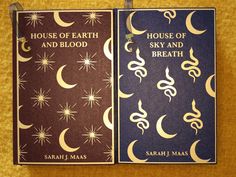 two books are sitting side by side on a table with yellow and blue covers that read house of earth and blood, sky and breath