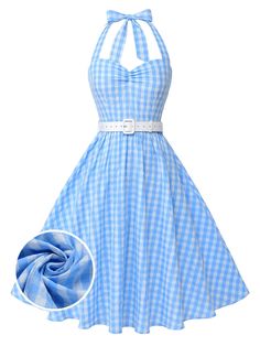 Light Blue 1950s Plaid Halter Swing Dress | Retro Stage Retro Stage, Vestidos Retro, Marine Uniform, Inside Out 2, Standard Dress, Dress Retro, Swimsuits Halter, Summer Events, Plaid Print