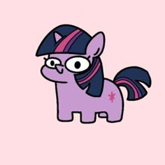 a cartoon pony with a hat on it's head and eyes, standing in front of a pink background