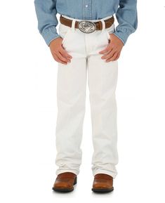 These Wrangler boy's white jeans are tough, 100% cotton heavyweight broken twill denim with the adjust-to-fit waistband moms love. Plus all the classic Western details that he'll come to know as he grows. Styling: Classic Five Pocket Fit: Original Rise: High Front Closure Type: Zipper fly with button closure Leg Opening: Fits over boot Back Pocket: Classic Design Back Pocket Closure: No Closure 100% Cotton Boys White Jeans, Cowboy Cut Jeans, Wrangler Cowboy, Wrangler Cowboy Cut, Khaki Pants Men, American Eagle Men, Denim Jacket Men, Boys Jeans, Running Clothes