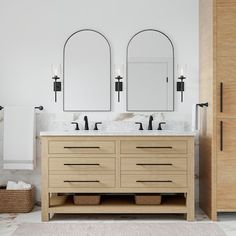 a bathroom with double sinks and two mirrors on the wall next to each other in front of a wooden cabinet