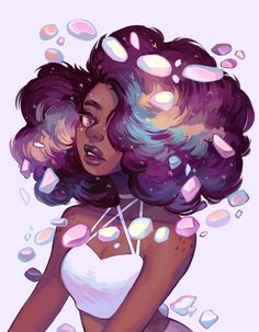 a drawing of a woman with purple hair and bubbles in the air above her head